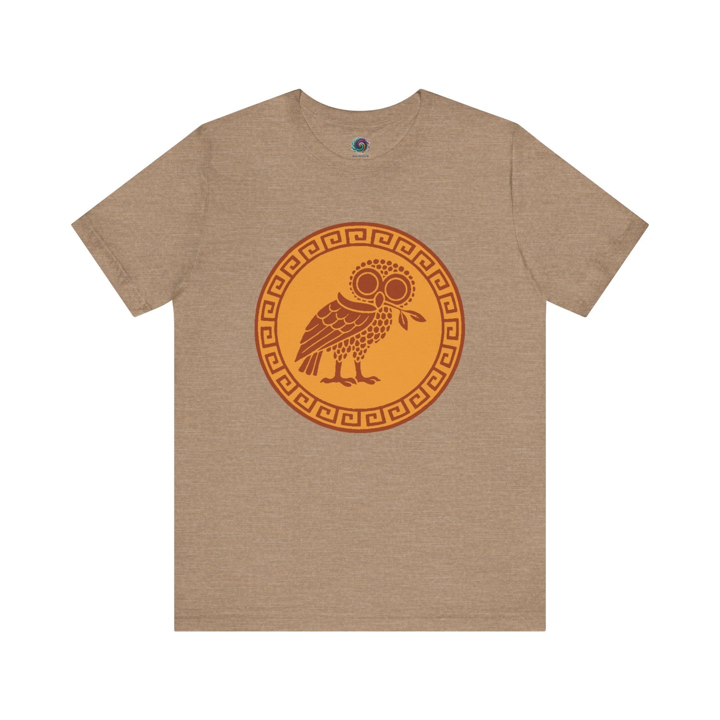 Athena’s Owl T-Shirt in heather tan, showing the wise owl of Athena against soft neutral tones, ideal for lovers of Athena’s owl and classical mythology.