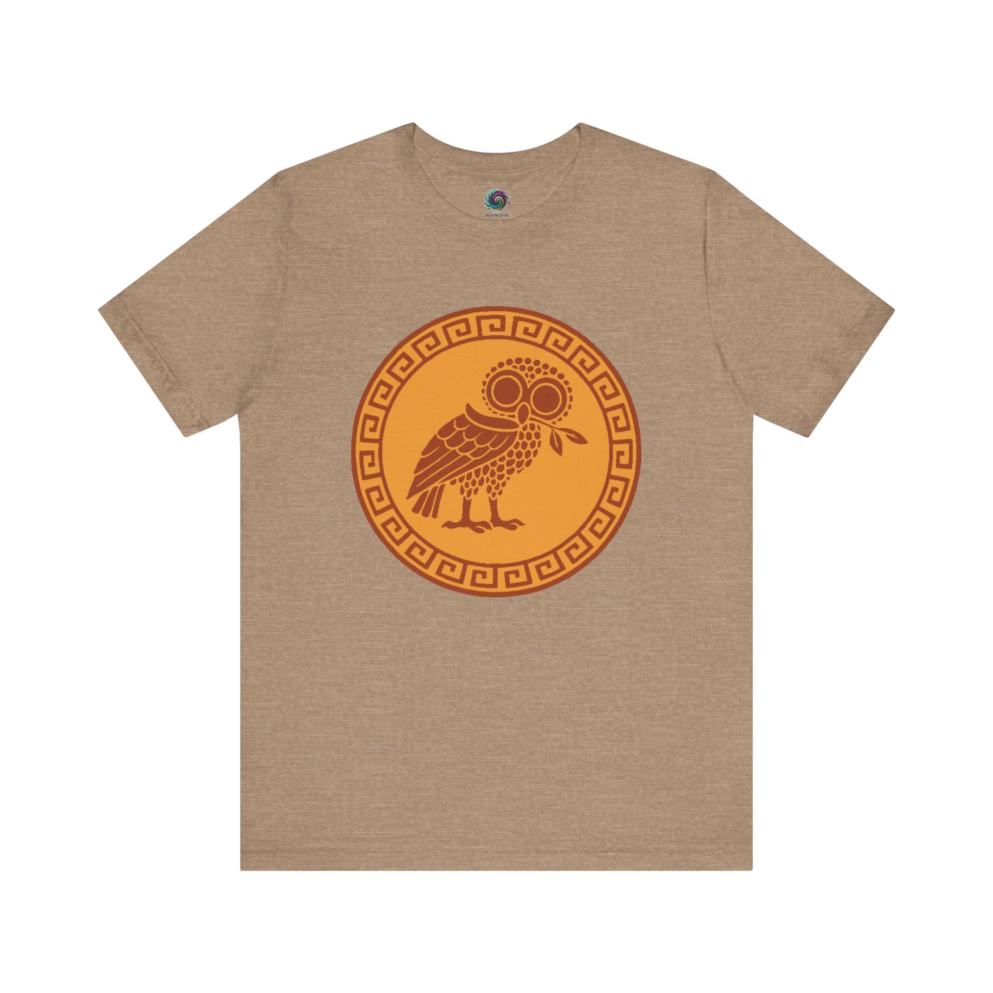 Athena’s Owl T-Shirt in heather tan, showing the wise owl of Athena against soft neutral tones, ideal for lovers of Athena’s owl and classical mythology.