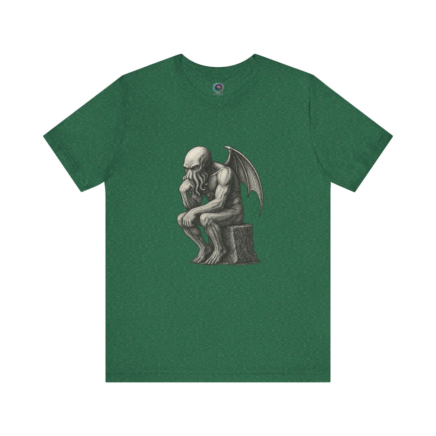 The Thinker Cthulhu Shirt – Lovecraftian Funny T-Shirt Unisex Graphic Tee in kelly green featuring a Lovecraftian twist on The Thinker statue.