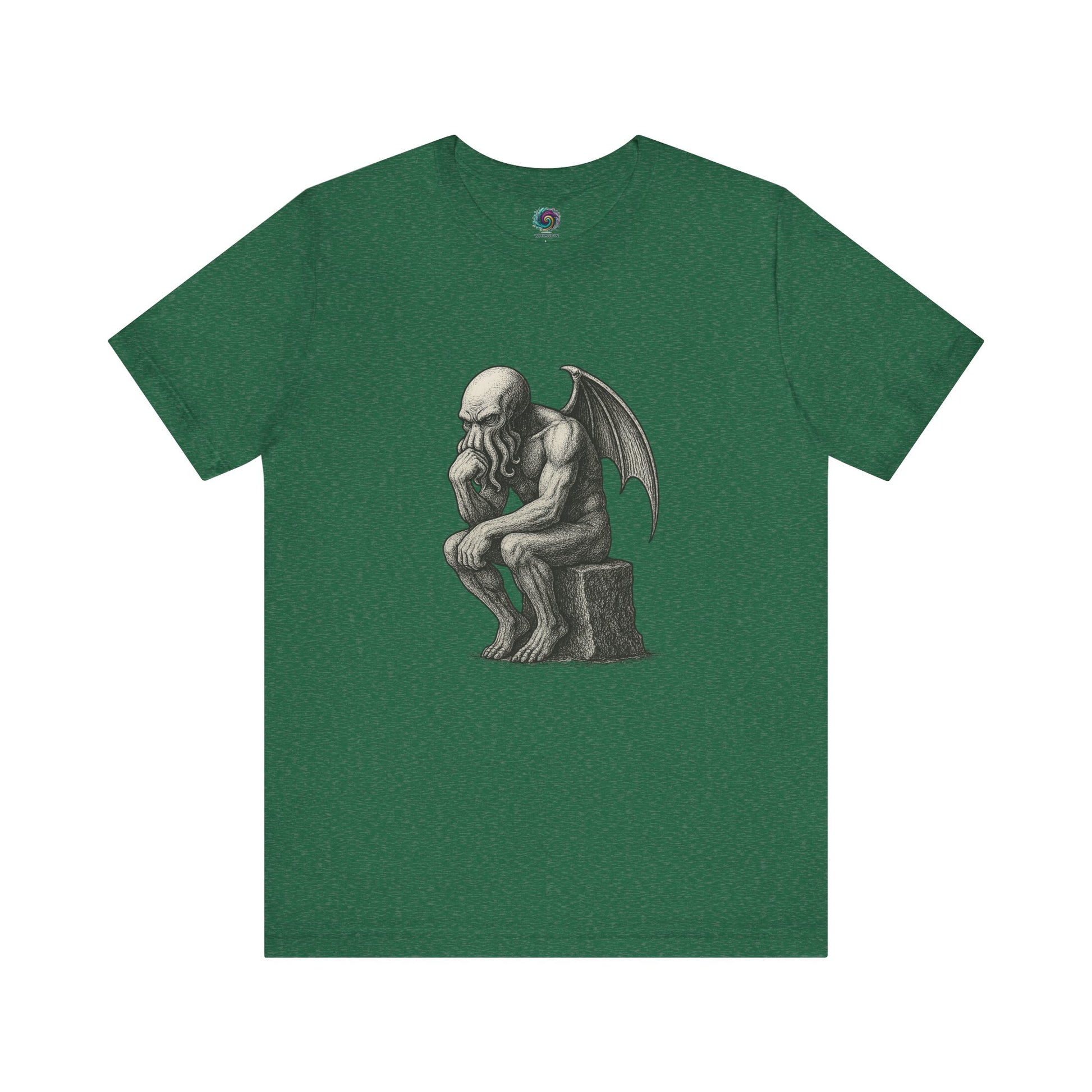 The Thinker Cthulhu Shirt – Lovecraftian Funny T-Shirt Unisex Graphic Tee in kelly green featuring a Lovecraftian twist on The Thinker statue.