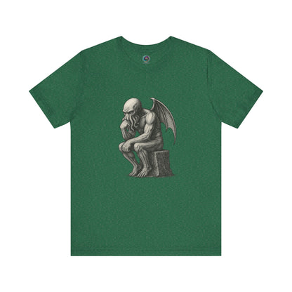 The Thinker Cthulhu Shirt – Lovecraftian Funny T-Shirt Unisex Graphic Tee in kelly green featuring a Lovecraftian twist on The Thinker statue.