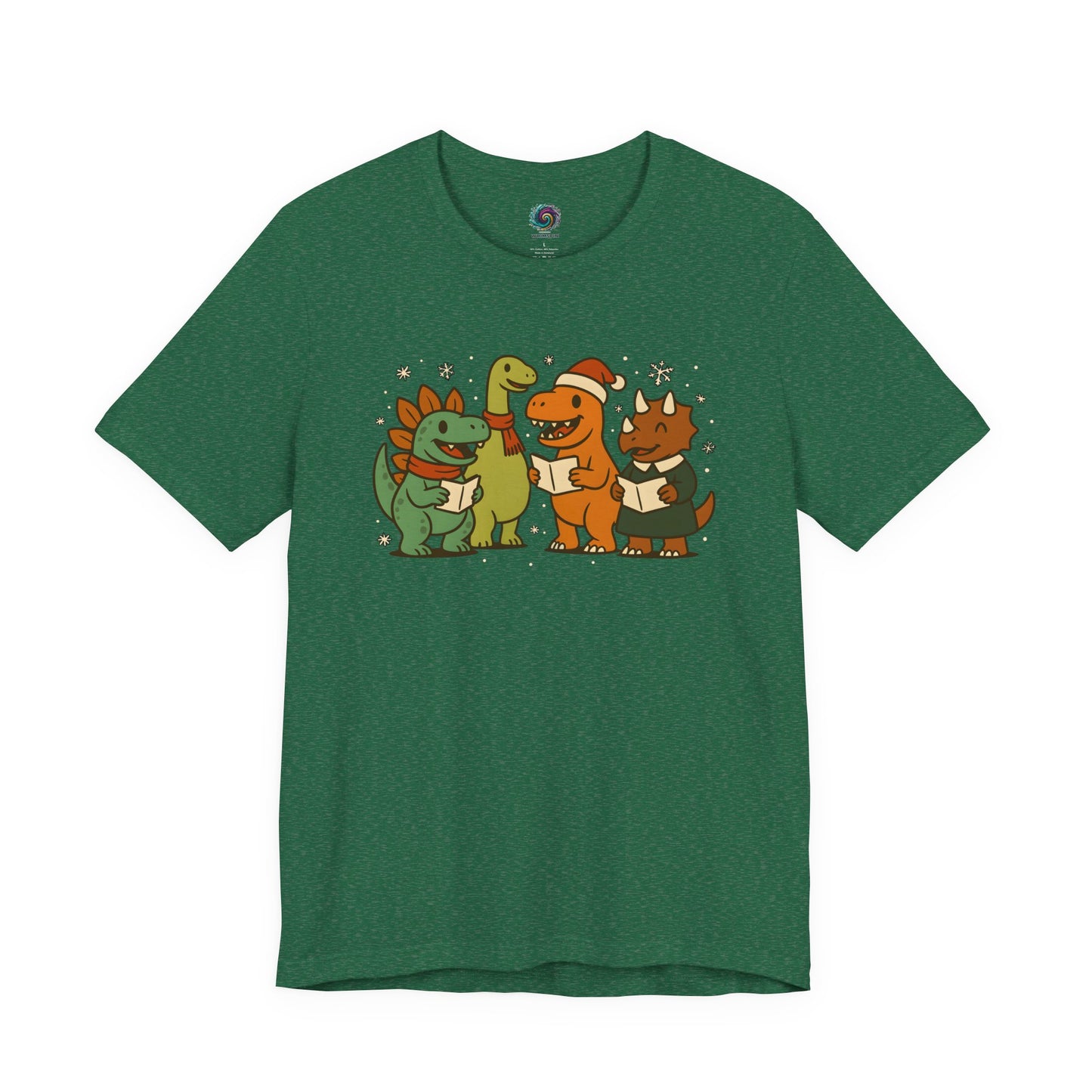 Dinosaur Carolers T-Shirt – Cute Dino Christmas Singing Tee in heather grass green with four festive dinosaurs singing