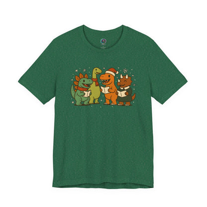 Dinosaur Carolers T-Shirt – Cute Dino Christmas Singing Tee in heather grass green with four festive dinosaurs singing