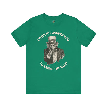 Cthulhu Wants You T-Shirt – Mythos Horror Tee for Lovecraft Fans in kelly green with a vintage Cthulhu t-shirt print urging you to serve the void.
