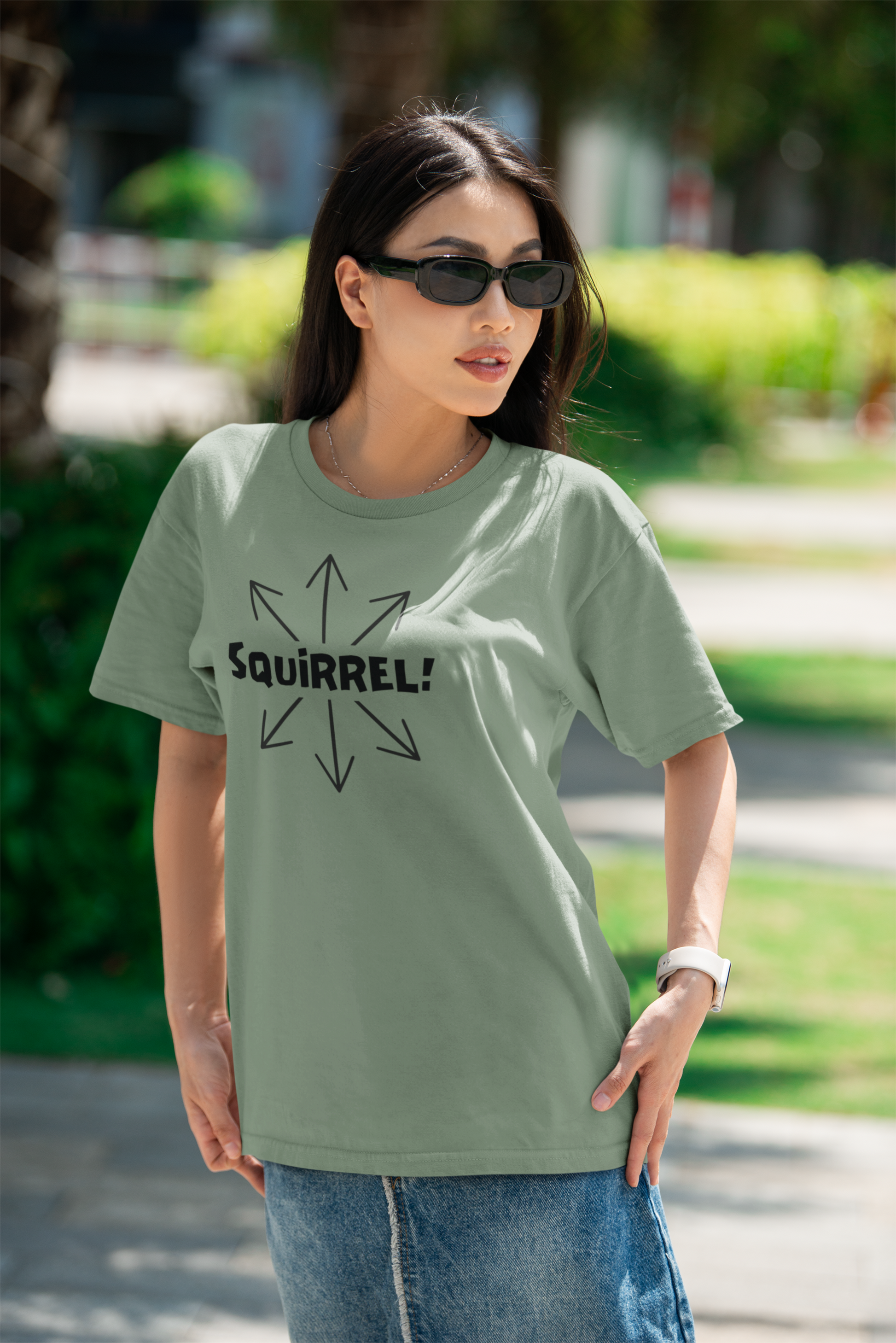 Squirrel Distracted Mind T-Shirt – Funny Attention Graphic Tee in sage green worn outside with sunglasses, perfect for fans of adhd humor, distracted mind jokes, and squirrel shirt designs.