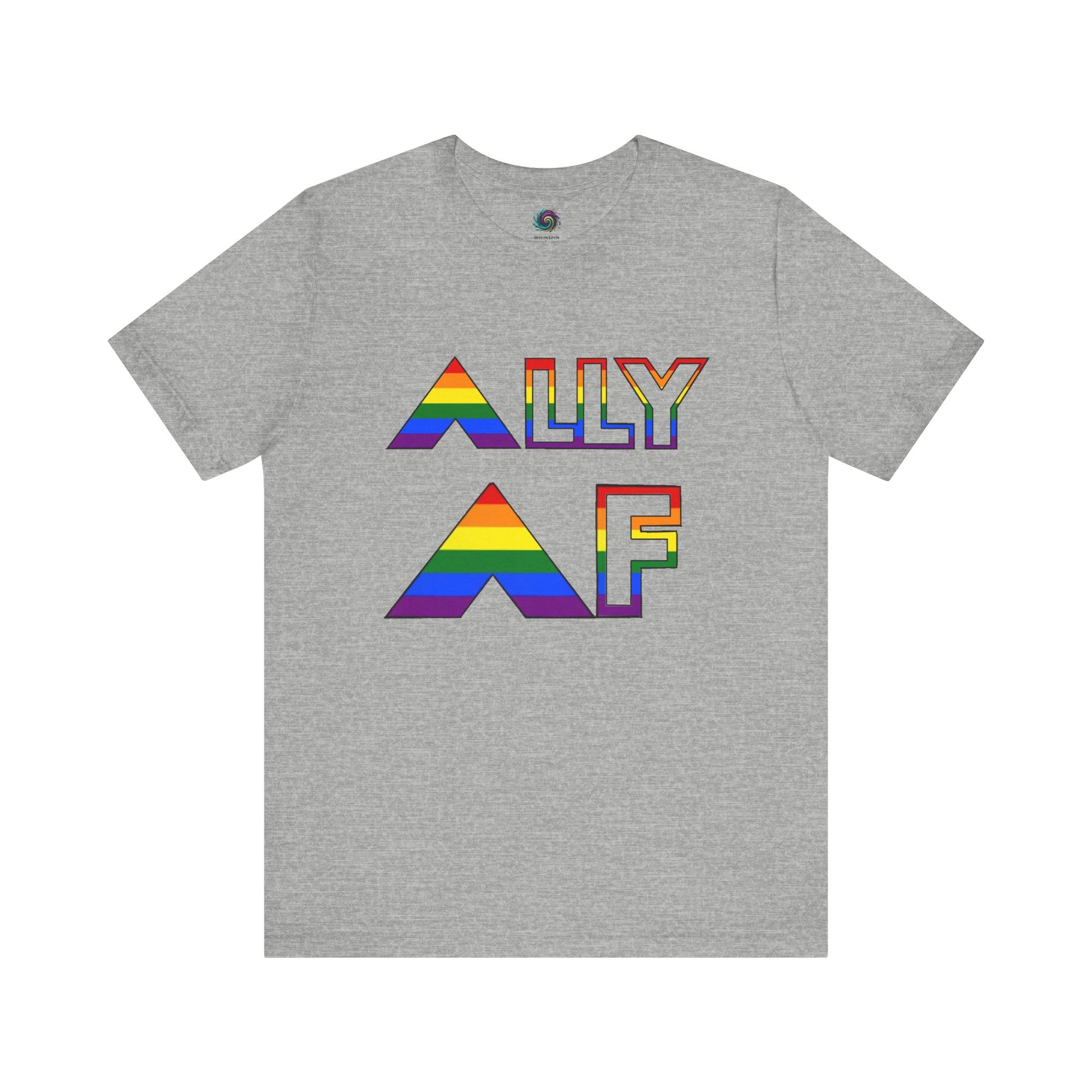 ALLY AF Pride T-Shirt – Bold LGBTQ+ Support Tee for Loud Allies in grey, featuring rainbow text and pride-themed ally message.