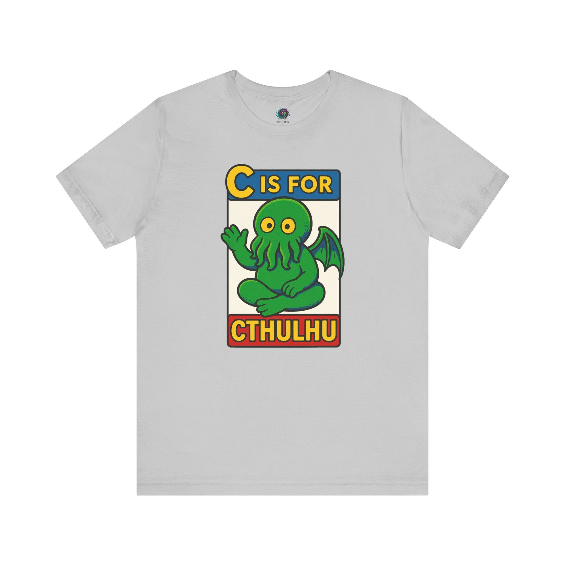C is for Cthulhu T-Shirt – Lovecraftian Funny Cartoon Tee in grey, flat lay design showing playful cartoon Cthulhu artwork.