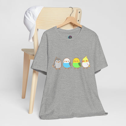 Chirpy Flock Bird T-Shirt from WhimSpin 4 chibi cartoon pet birds lined up in a row. 