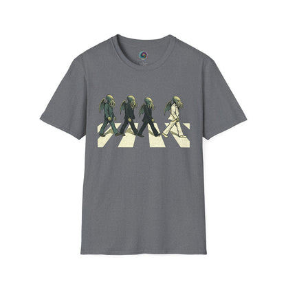Gray t-shirt with a graphic design of four Cthulhus wearing suitsfigures crossing a zebra crossing on a white background