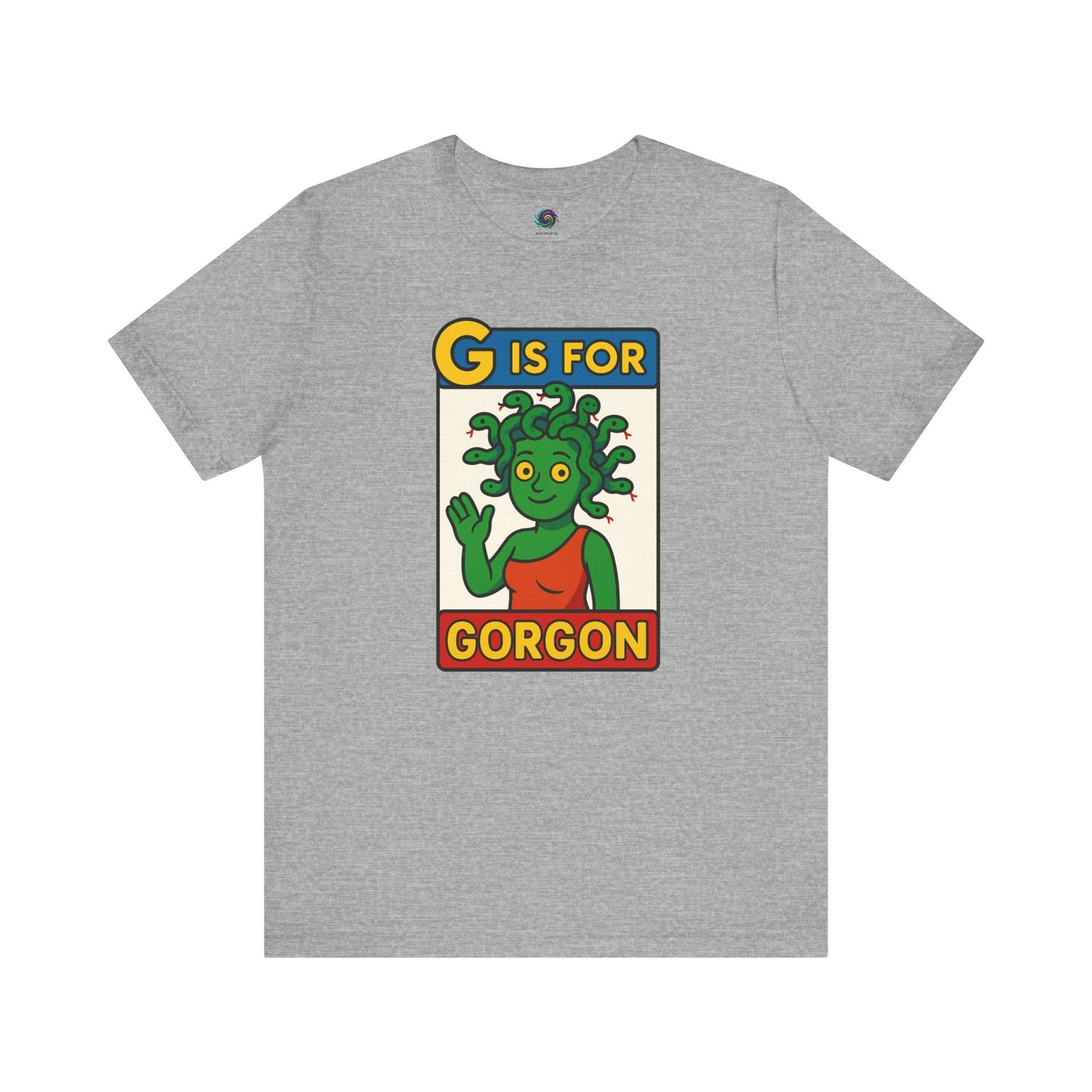 Flat lay of G is for Gorgon T-Shirt in grey, featuring bold gorgon head graphic for halloween gorgon fans.