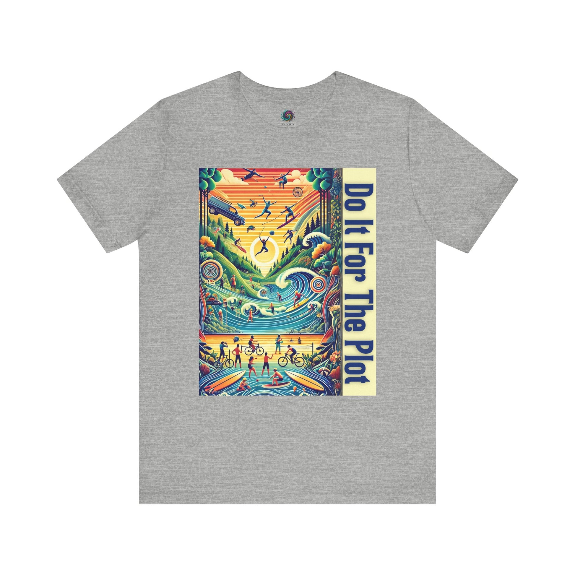 Narrative journey shirt in grey – whimsical design featuring surfers, bikers, and skaters with retro vibes