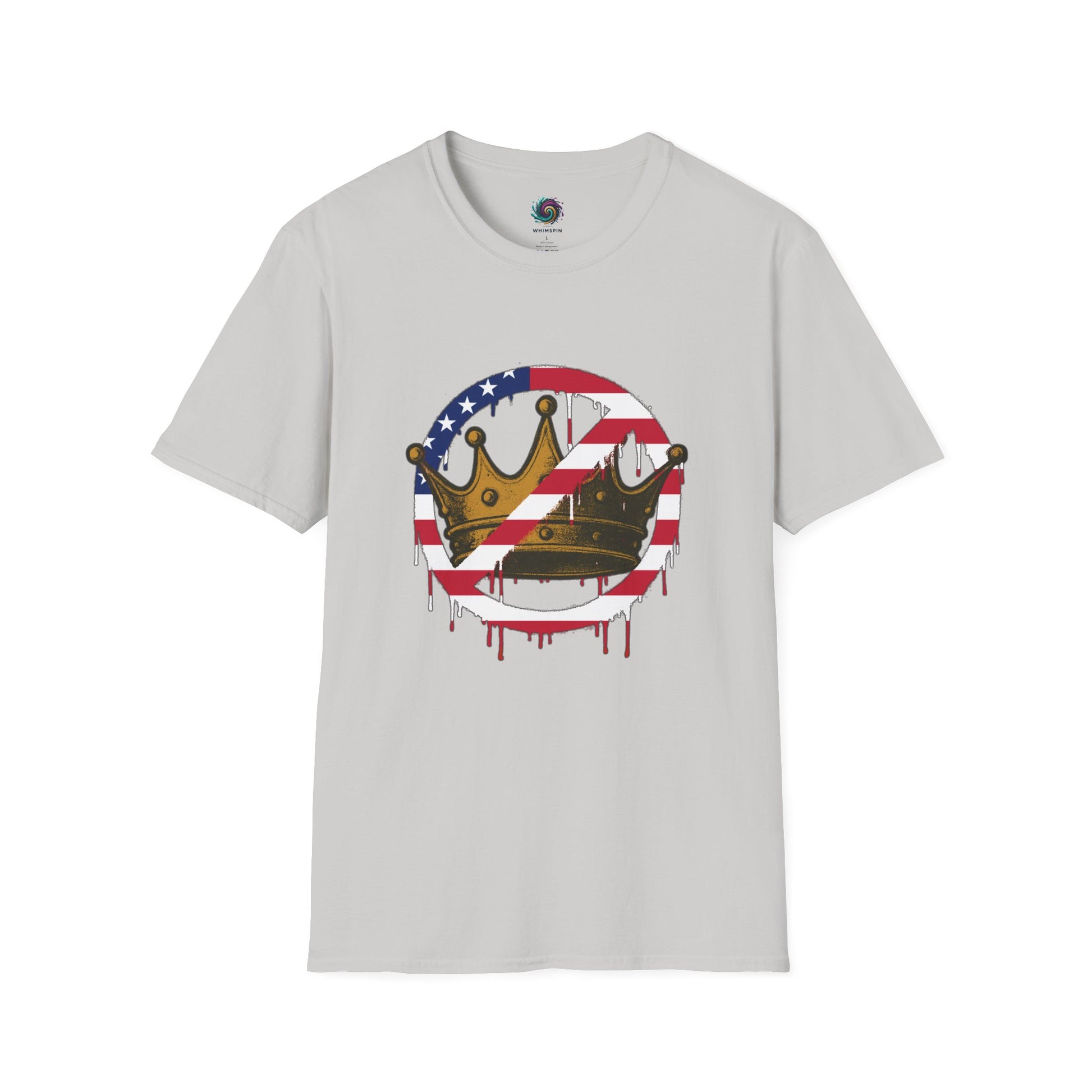 No Kings Protest T-Shirt from WhimSpin with a graphic design featuring a crown with the "no" slashed circle symbol drawn in an American flag pattern on a white background