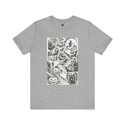 Grey t-shirt with ghostly MC Escher stair pattern and haunted hall