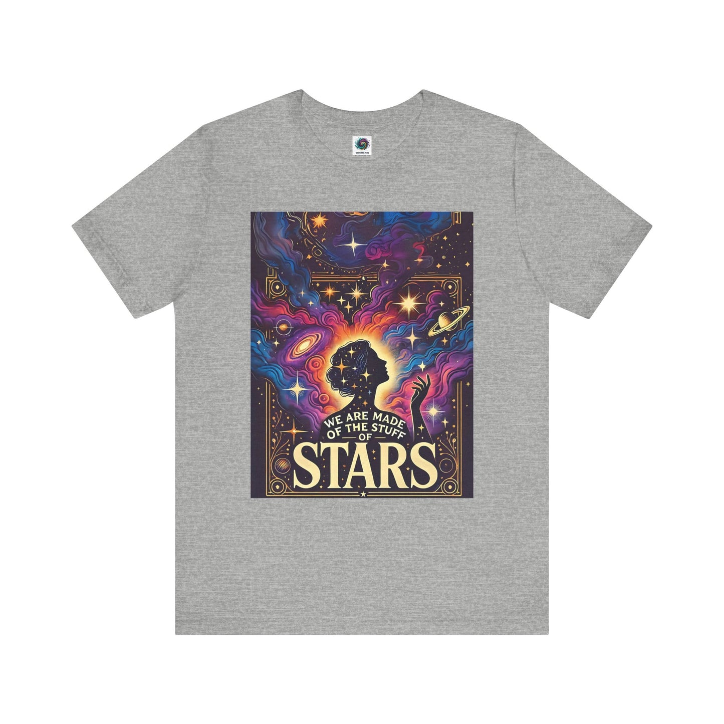 Grey flat-lay of cosmic clothing with colorful star-filled design and silhouette of a woman in space