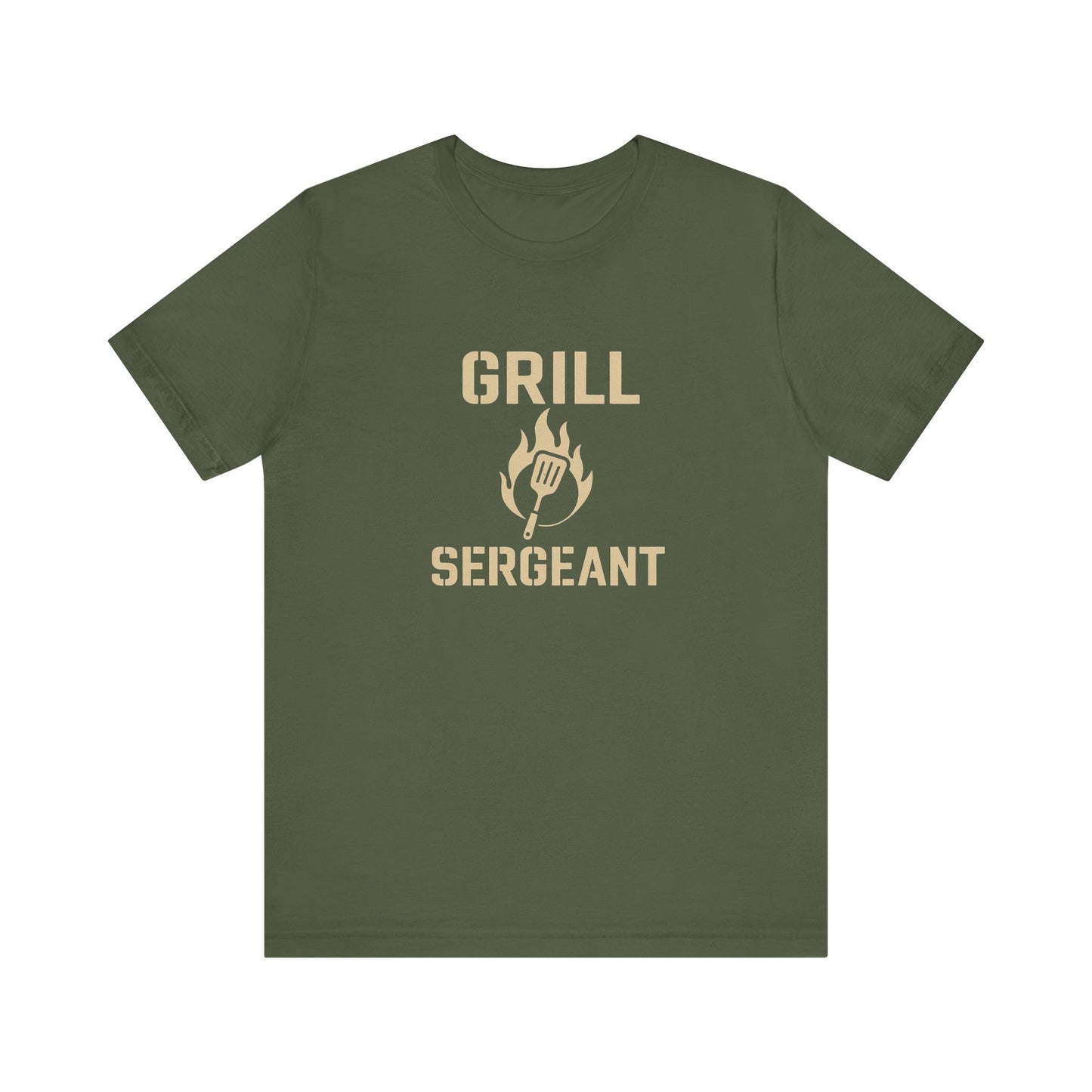 Grill Sergeant Shirt – Funny BBQ T-Shirt for Grill Lovers - Flat lay of military green Grill Sergeant barbecue shirt, bold grilling humor for Father’s Day or