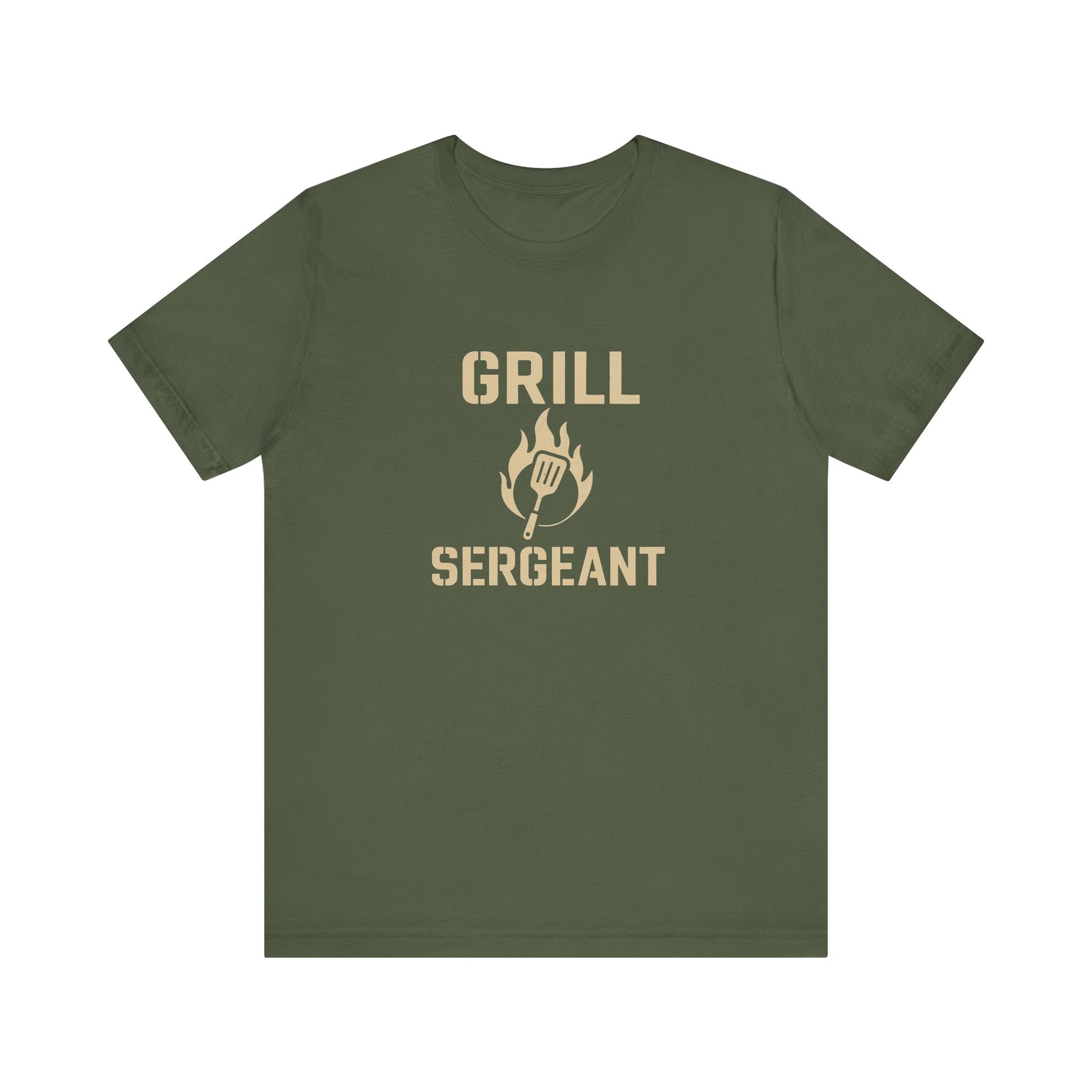 Grill Sergeant Shirt – Funny BBQ T-Shirt for Grill Lovers - Flat lay of military green Grill Sergeant barbecue shirt, bold grilling humor for Father’s Day or