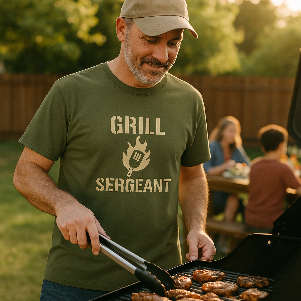 Man grilling burgers at an outdoor cookout wearing the military green Grill Sergeant t shirt, a perfect BBQ shirt for backyard chefs and barbecue lovers.