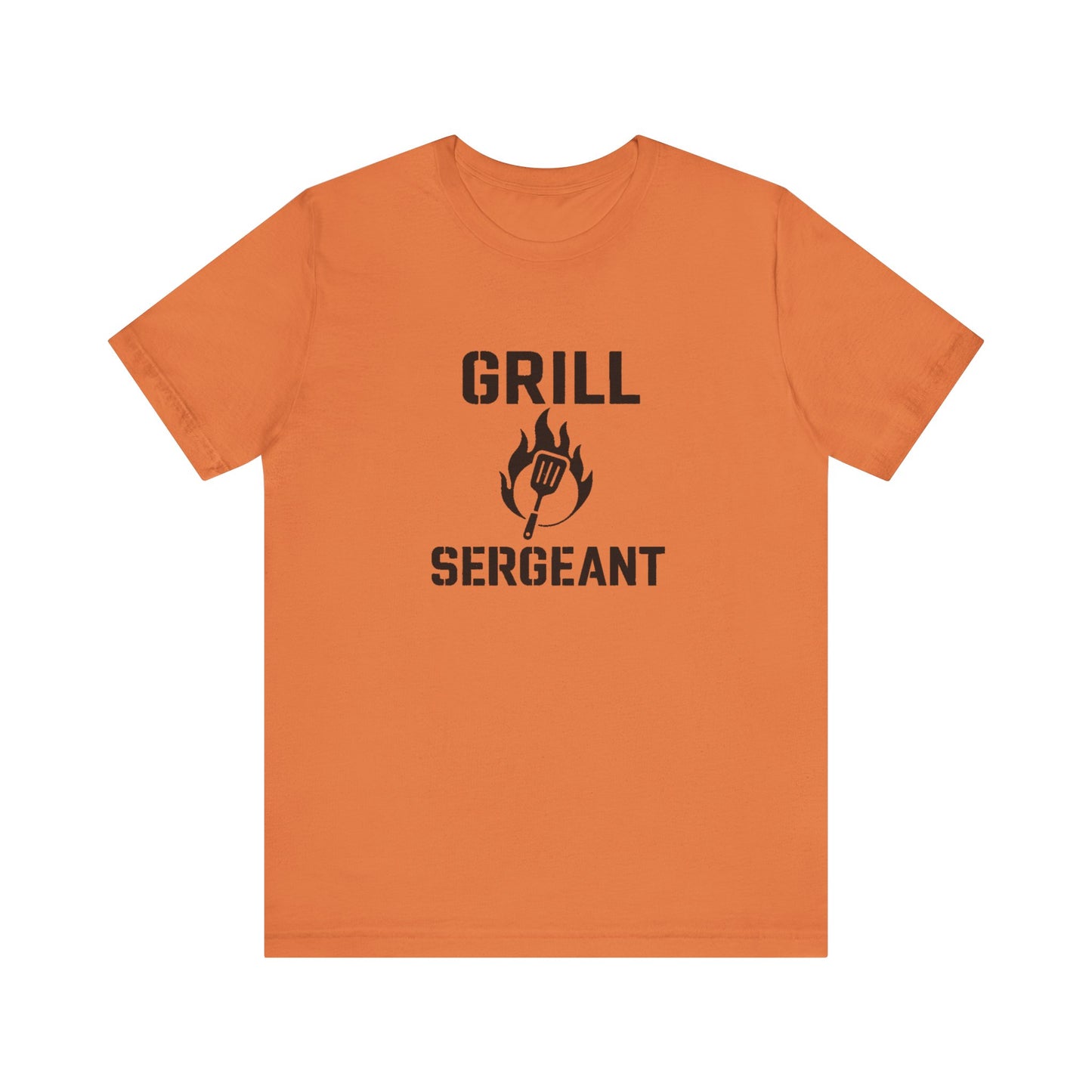 Grill Sergeant Shirt – Funny BBQ T-Shirt for Grill Lovers - Burnt orange flat lay of Grill Sergeant t shirt with stenciled lettering, perfect for BBQ fans and outdoor cooks.