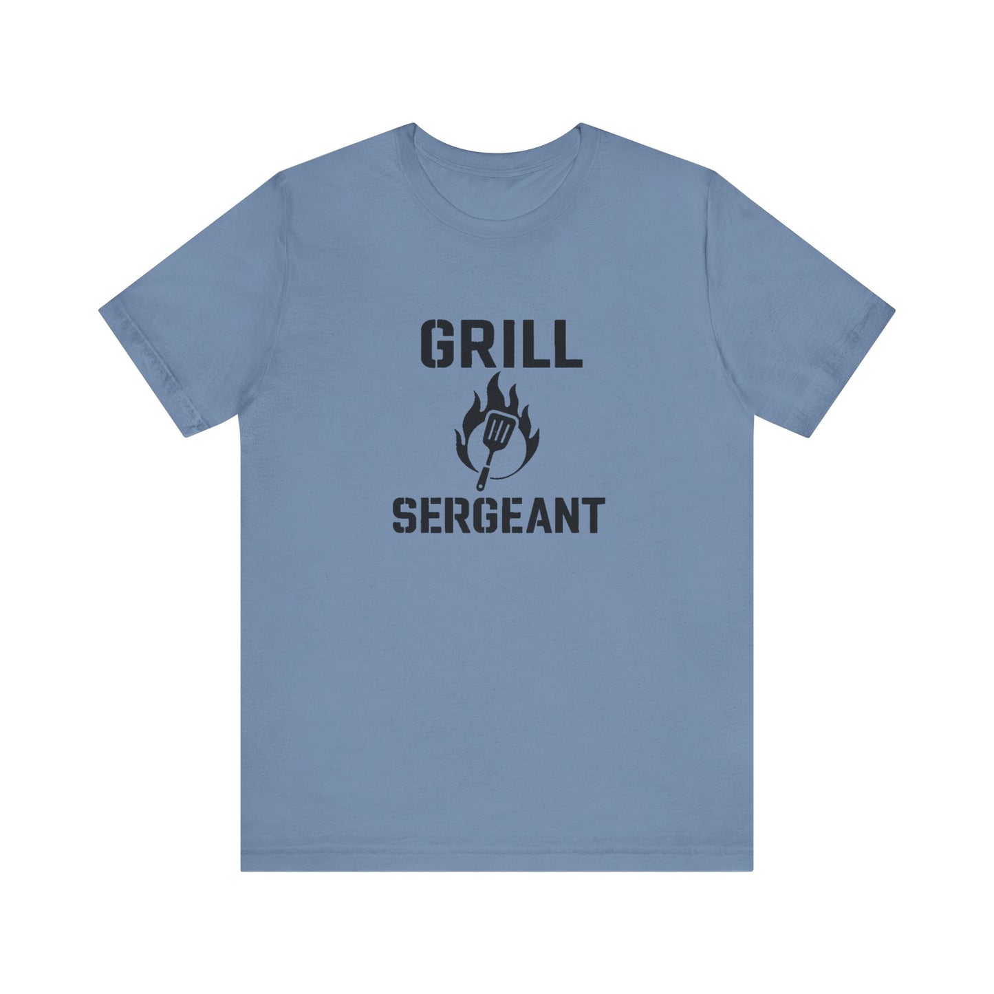 Grill Sergeant Shirt – Funny BBQ T-Shirt for Grill Lovers - Steel blue flat lay Grill Sergeant barbecue shirt, featuring flame icon and bold type for backyard heroes.