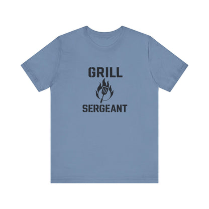 Grill Sergeant Shirt – Funny BBQ T-Shirt for Grill Lovers - Steel blue flat lay Grill Sergeant barbecue shirt, featuring flame icon and bold type for backyard heroes.
