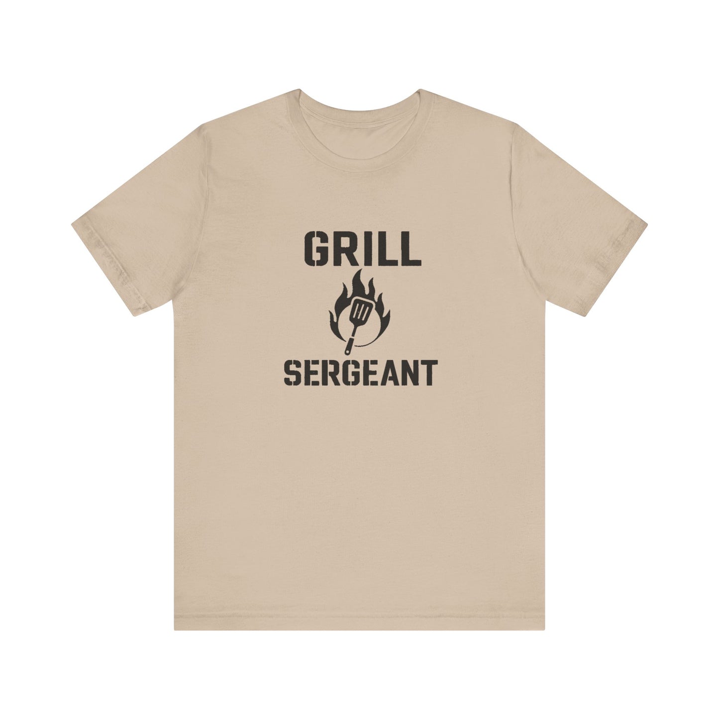 Grill Sergeant Shirt – Funny BBQ T-Shirt for Grill Lovers - Tan flat lay Grill Sergeant t shirt with fun BBQ theme, ideal for dads and grill lovers everywhere.