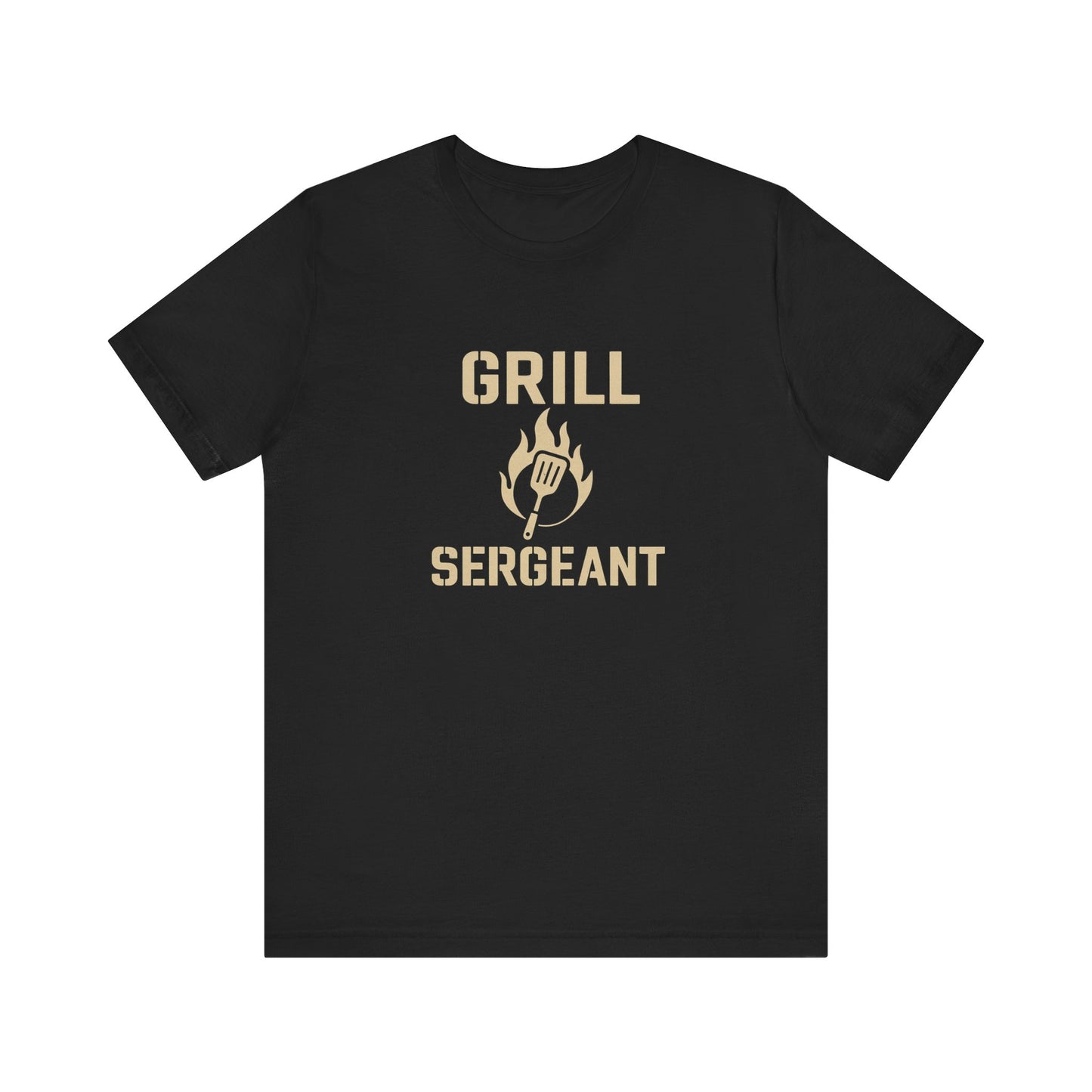 Grill Sergeant Shirt – Funny BBQ T-Shirt for Grill Lovers - Black flat lay Grill Sergeant BBQ shirt with flame and spatula design, grilling humor gift idea.