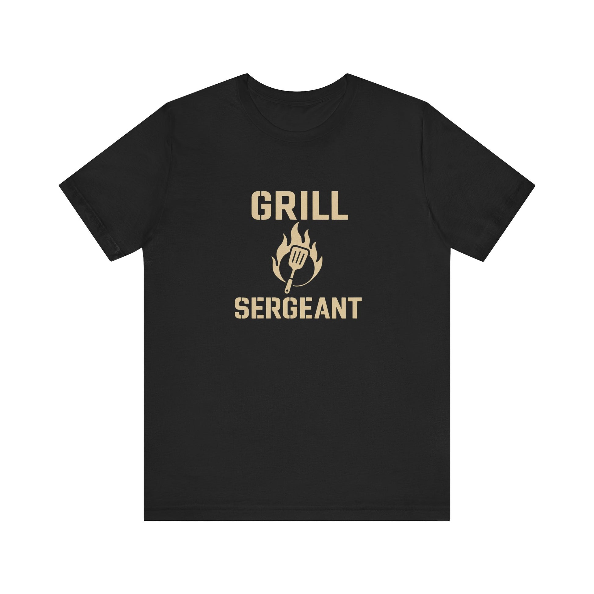 Grill Sergeant Shirt – Funny BBQ T-Shirt for Grill Lovers - Black flat lay Grill Sergeant BBQ shirt with flame and spatula design, grilling humor gift idea.