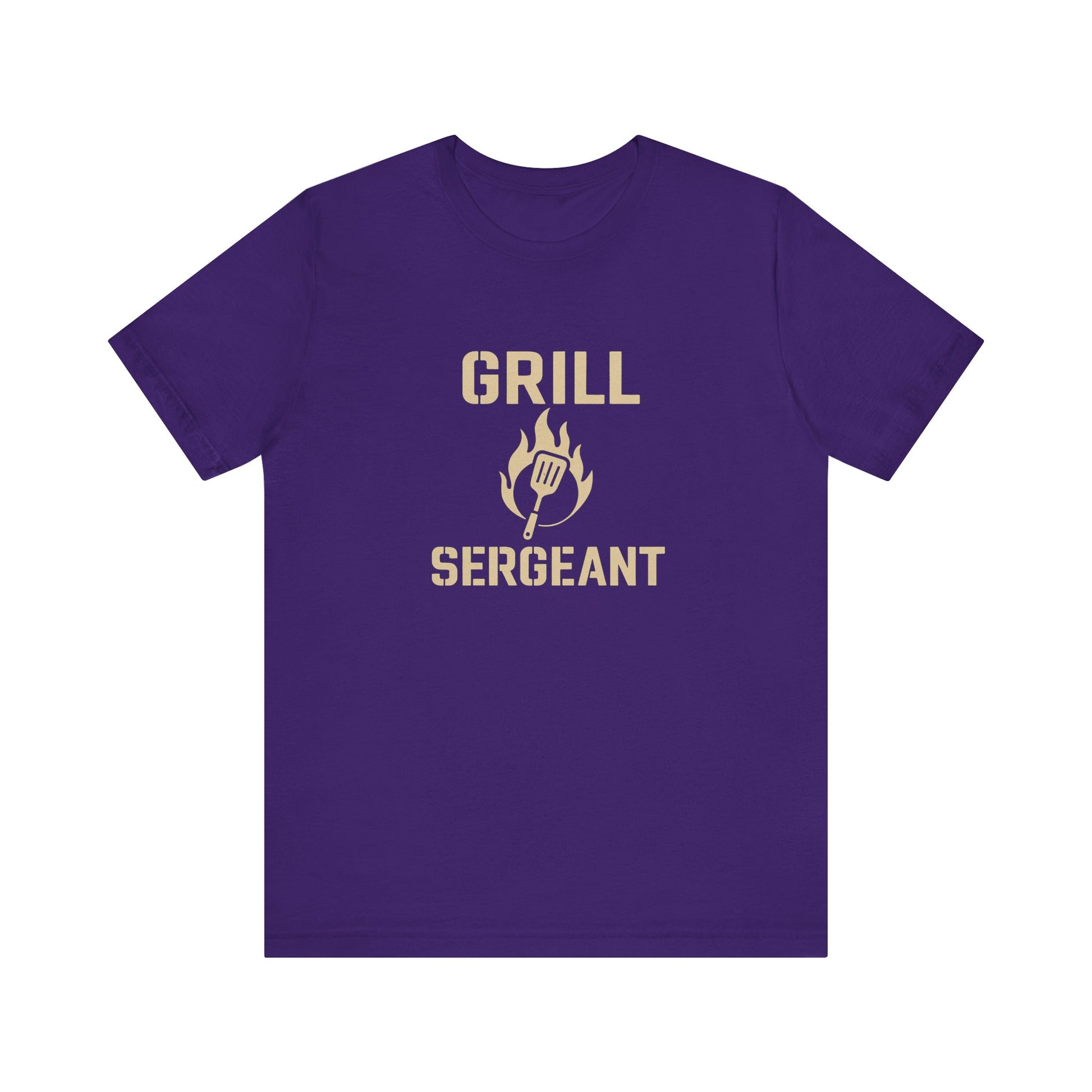 Grill Sergeant Shirt – Funny BBQ T-Shirt for Grill Lovers - Team purple Grill Sergeant t shirt in flat lay with grilling-themed design, great BBQ gift.