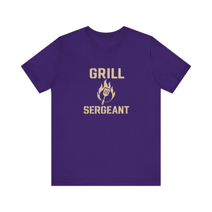 Grill Sergeant Shirt – Funny BBQ T-Shirt for Grill Lovers - Team purple Grill Sergeant t shirt in flat lay with grilling-themed design, great BBQ gift.