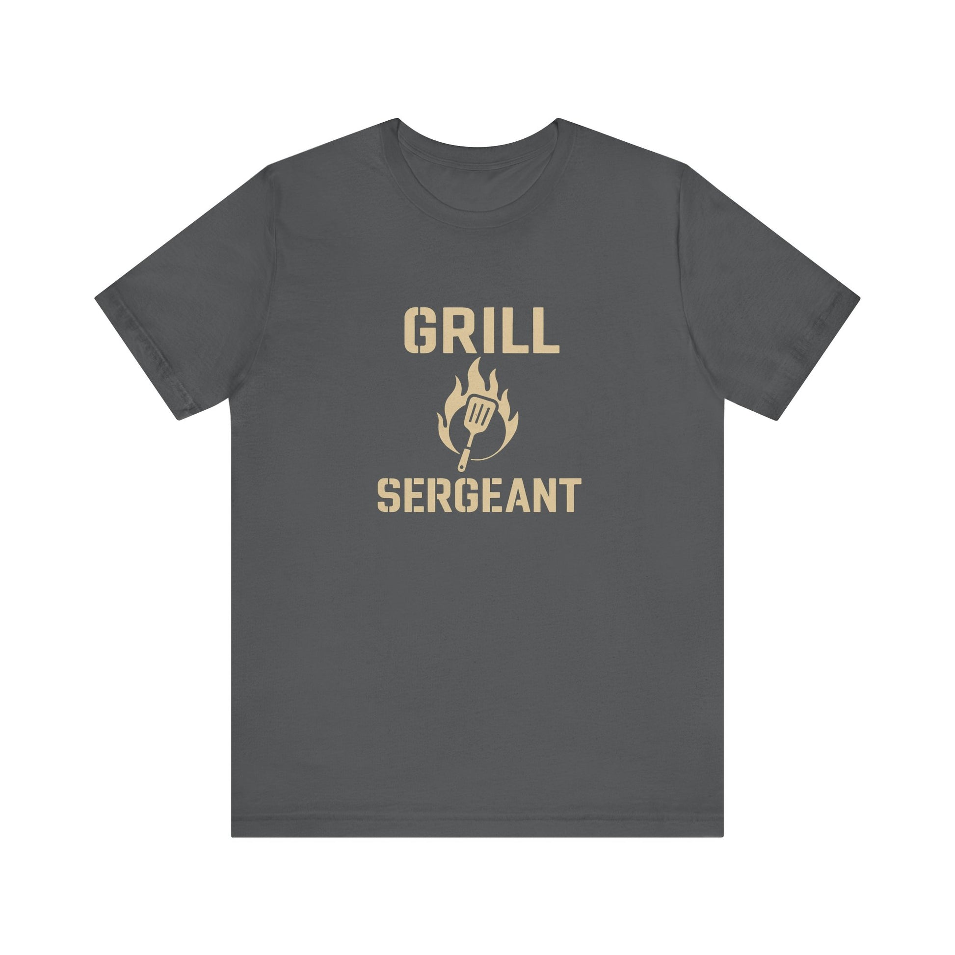 Grill Sergeant Shirt – Funny BBQ T-Shirt for Grill Lovers - Flat lay of asphalt Grill Sergeant BBQ shirt featuring bold grilling design, ideal gift for barbecue fans.