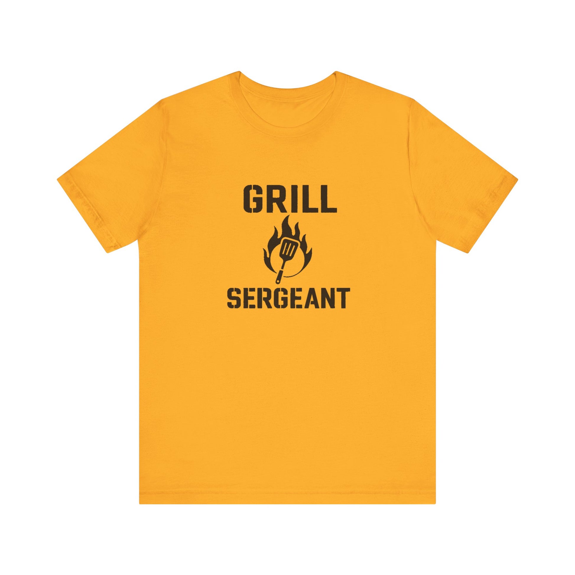 Grill Sergeant Shirt – Funny BBQ T-Shirt for Grill Lovers - Gold flat lay Grill Sergeant shirt with military-style BBQ print, fun summer grilling top.