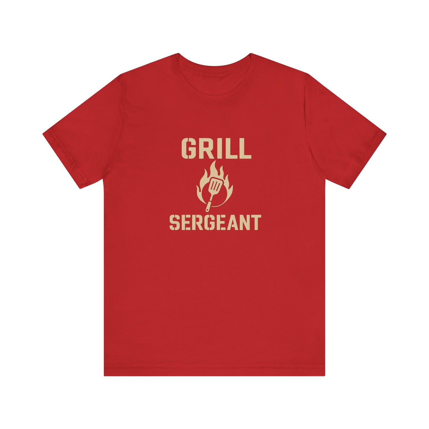 Grill Sergeant Shirt – Funny BBQ T-Shirt for Grill Lovers - Red flat lay Grill Sergeant shirt with playful BBQ theme for Father’s Day or cookout lovers.