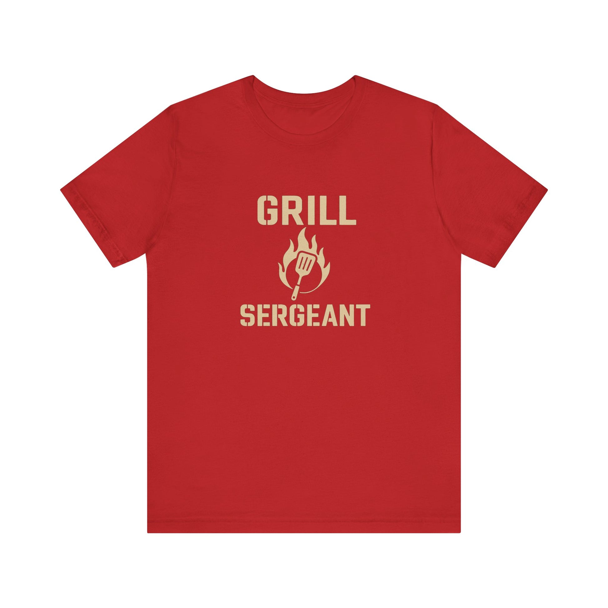 Grill Sergeant Shirt – Funny BBQ T-Shirt for Grill Lovers - Red flat lay Grill Sergeant shirt with playful BBQ theme for Father’s Day or cookout lovers.