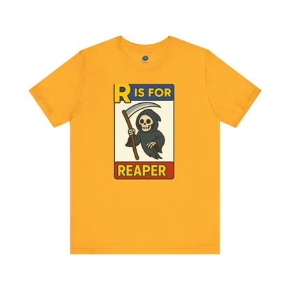 R Is For Reaper T-Shirt – Cute Grim Reaper Shirt from the Monster Alphabet Series in bold gold with a vintage-style reaper illustration