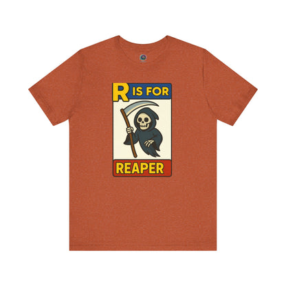 R Is For Reaper T-Shirt – Cute Grim Reaper Shirt from the Monster Alphabet Series in heather autumn, ideal for cozy and creepy fall looks
