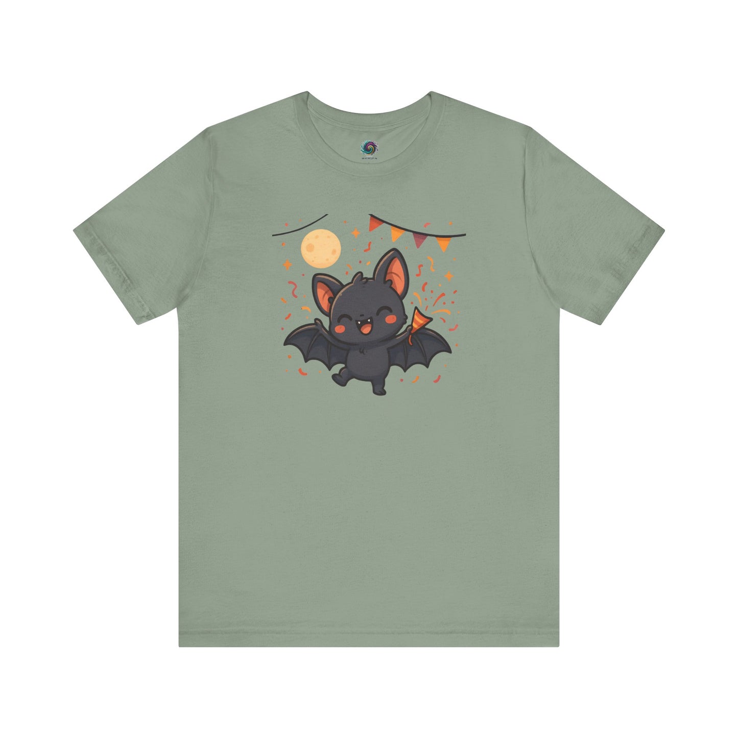 Chibi Bat T-Shirt – Cute Bat Chibi Halloween Shirt for All Ages in sage green with a happy chibi bat waving candy and framed by bunting and stars.