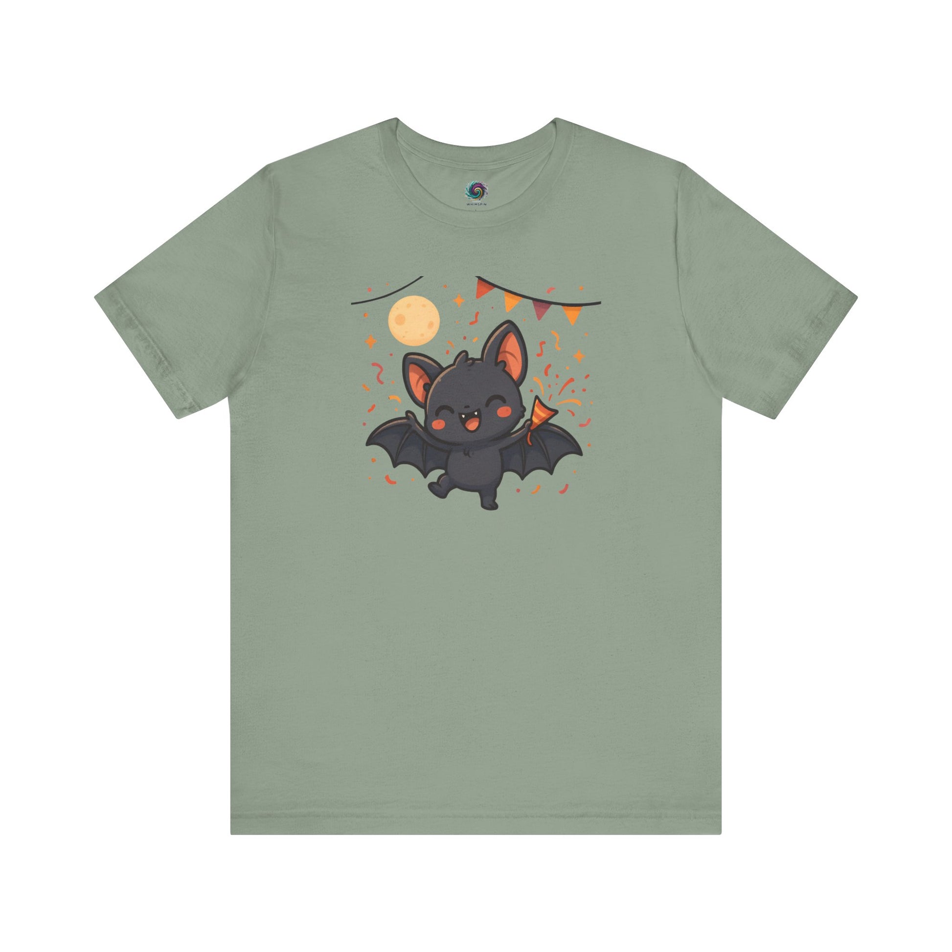 Chibi Bat T-Shirt – Cute Bat Chibi Halloween Shirt for All Ages in sage green with a happy chibi bat waving candy and framed by bunting and stars.