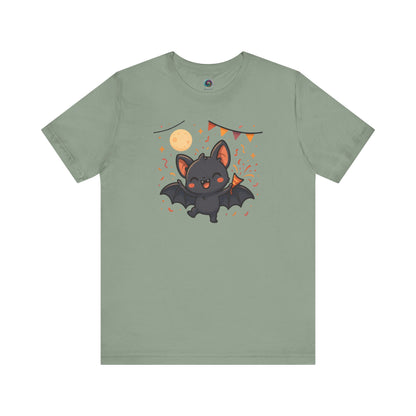 Chibi Bat T-Shirt – Cute Bat Chibi Halloween Shirt for All Ages in sage green with a happy chibi bat waving candy and framed by bunting and stars.
