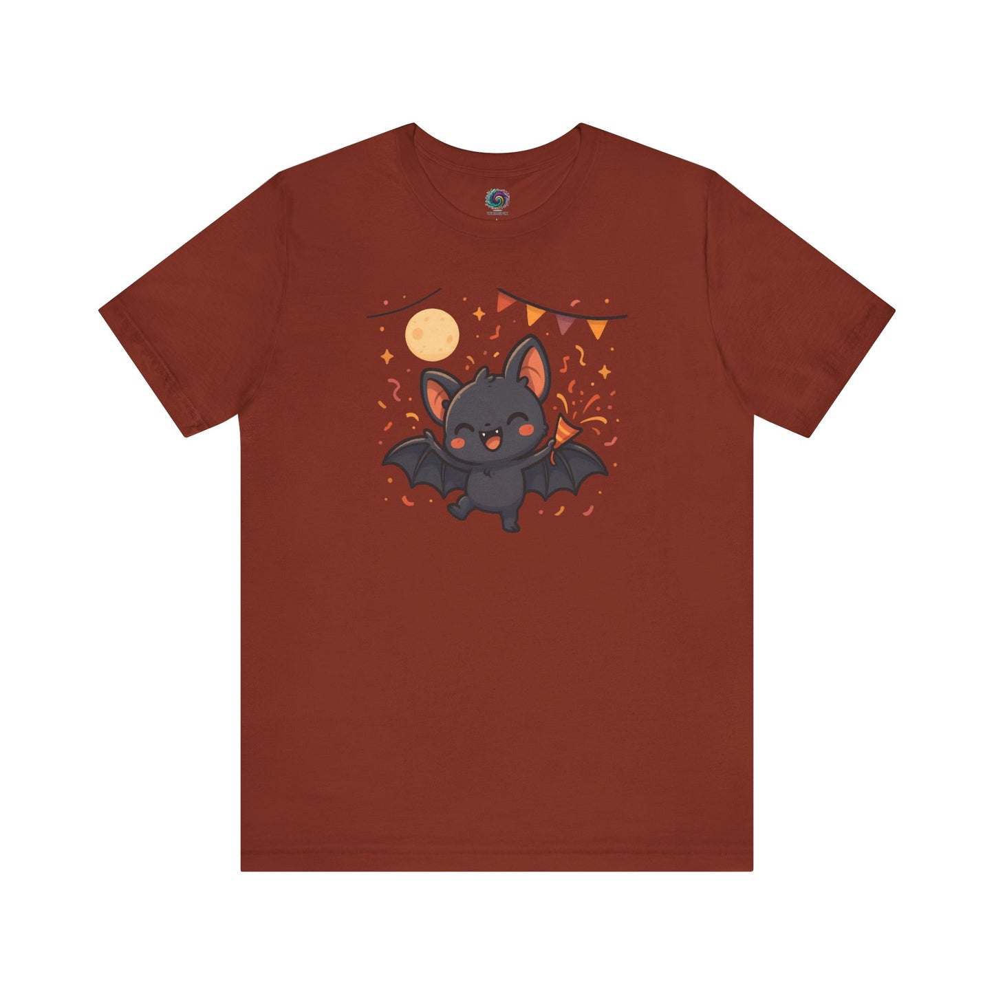 Chibi Bat T-Shirt – Cute Bat Chibi Halloween Shirt for All Ages in rust orange with an excited bat celebrating beneath the moon and stars.