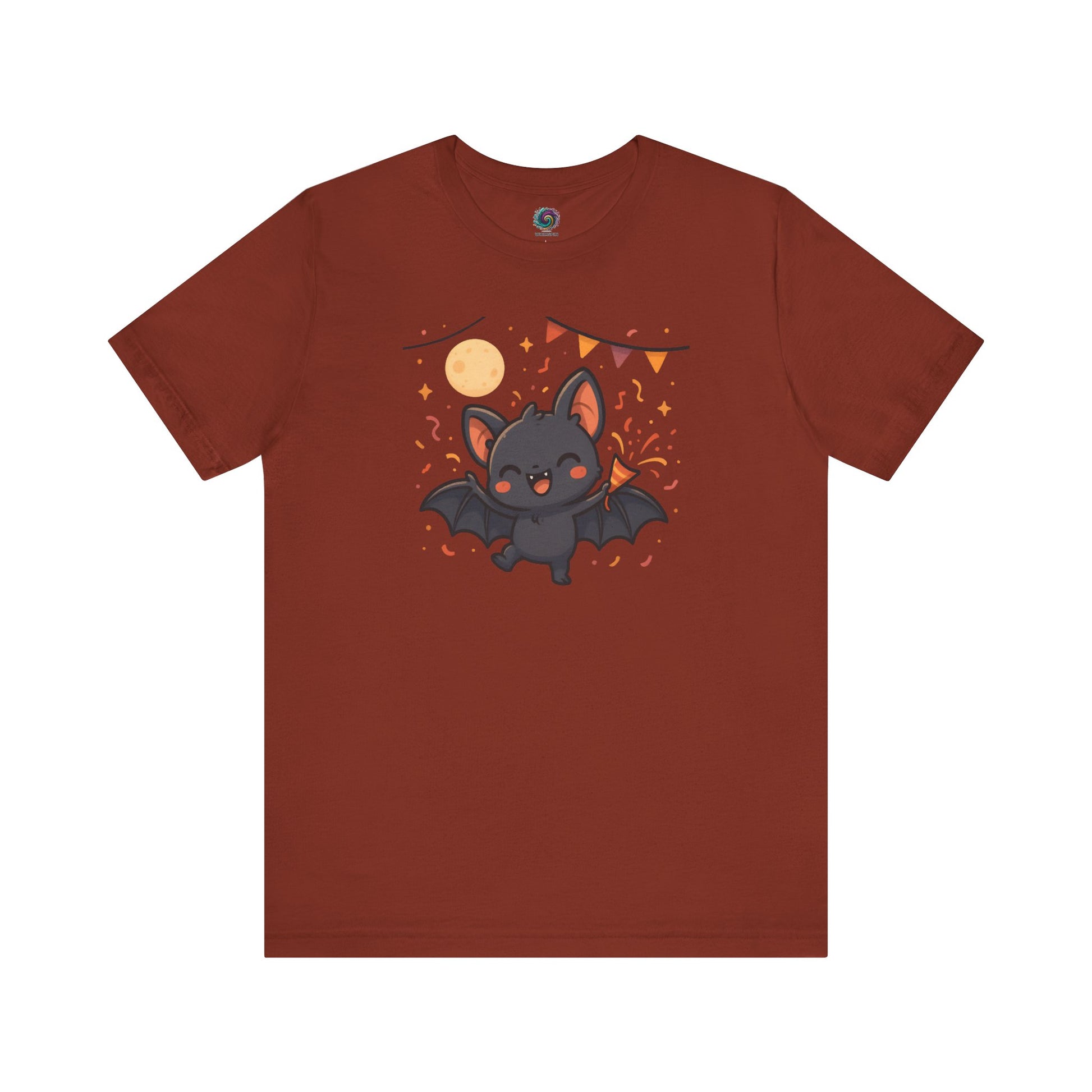 Chibi Bat T-Shirt – Cute Bat Chibi Halloween Shirt for All Ages in rust orange with an excited bat celebrating beneath the moon and stars.