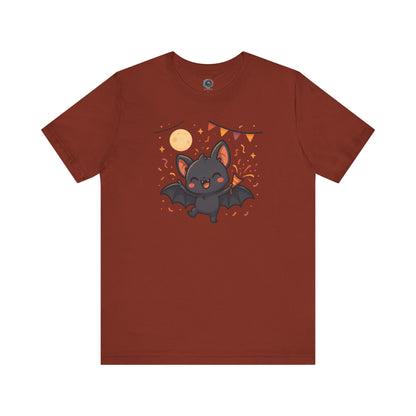 Chibi Bat T-Shirt – Cute Bat Chibi Halloween Shirt for All Ages in rust orange with an excited bat celebrating beneath the moon and stars.