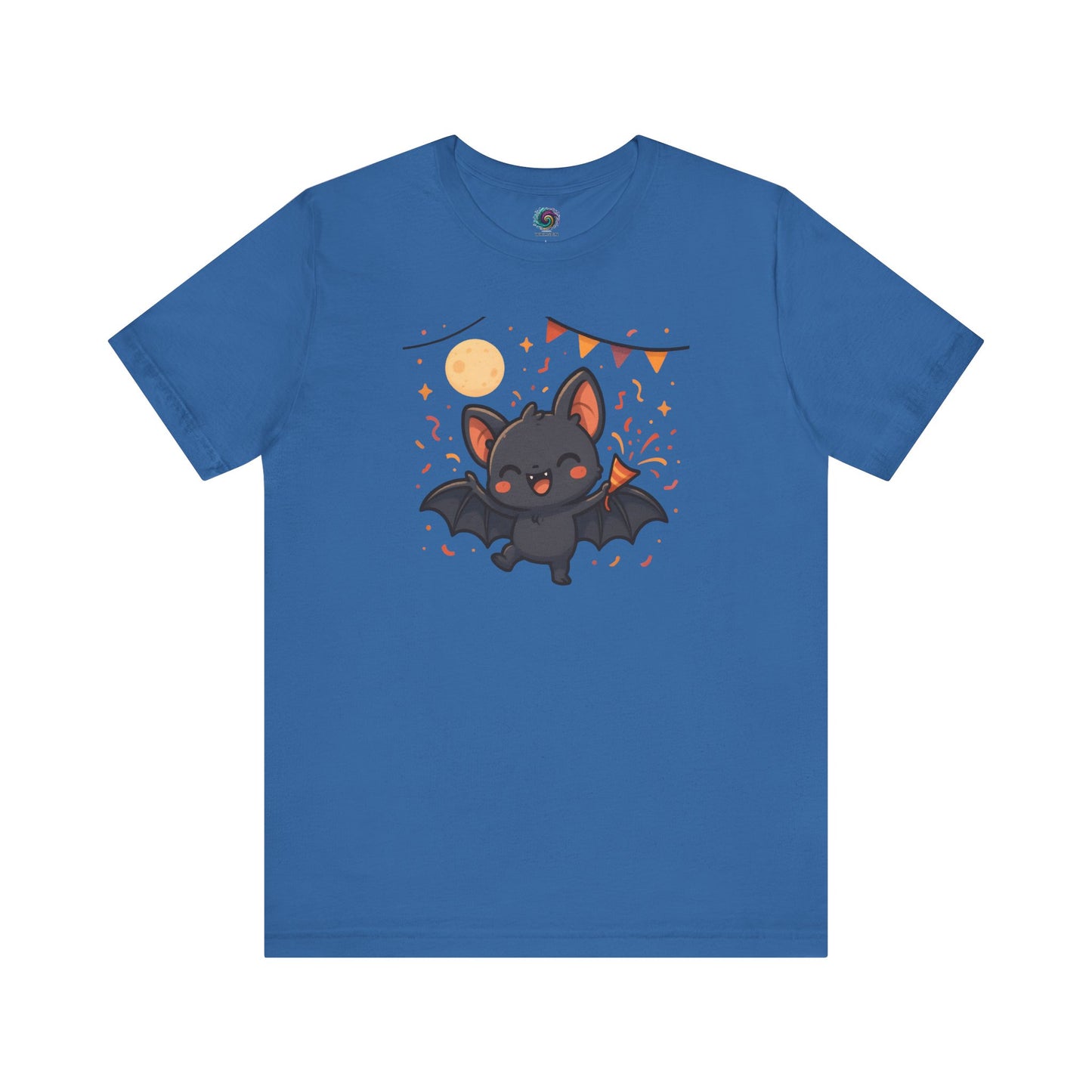 Chibi Bat T-Shirt – Cute Bat Chibi Halloween Shirt for All Ages in columbia blue with a joyful bat character under hanging flags and glowing moon.