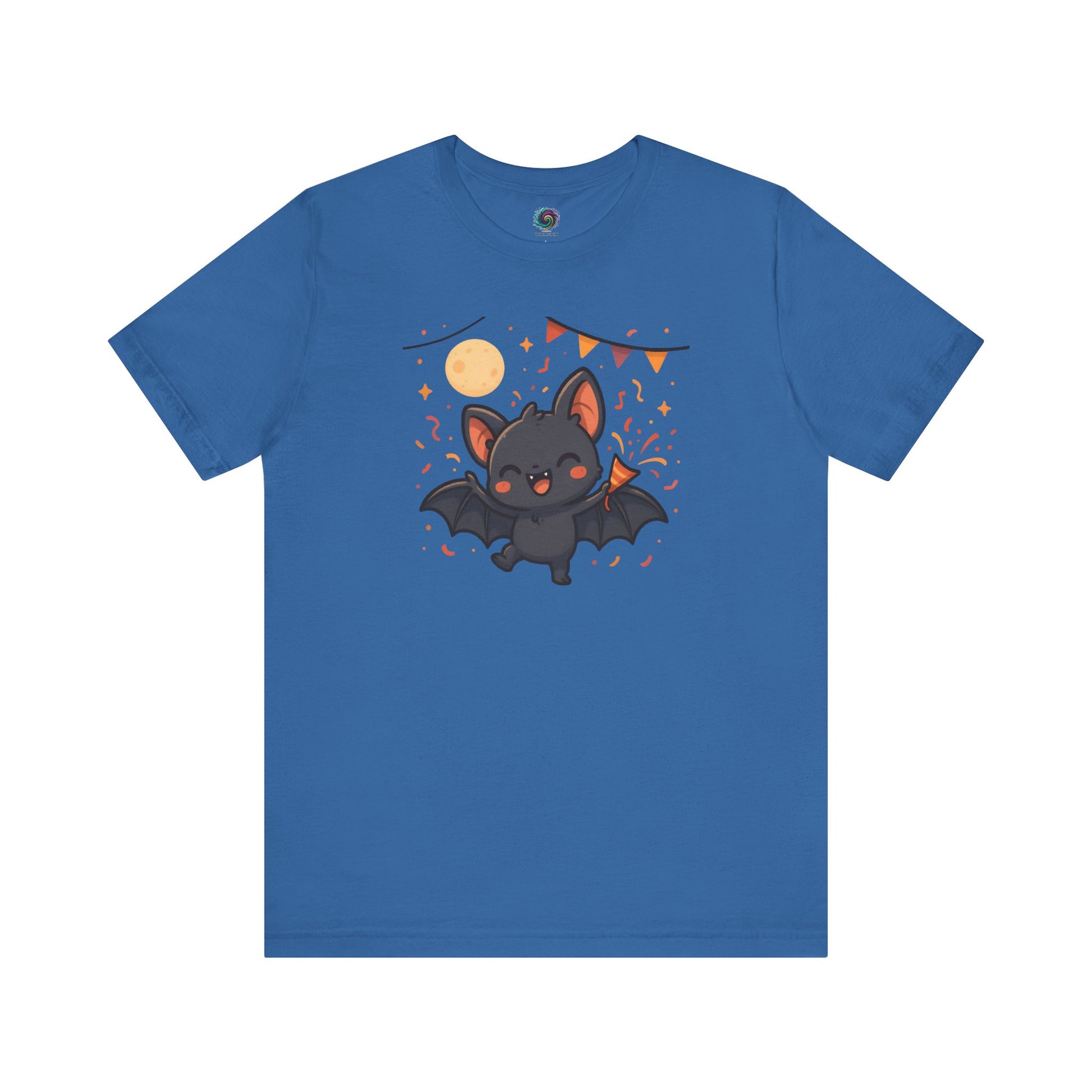Chibi Bat T-Shirt – Cute Bat Chibi Halloween Shirt for All Ages in columbia blue with a joyful bat character under hanging flags and glowing moon.