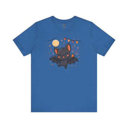 Chibi Bat T-Shirt – Cute Bat Chibi Halloween Shirt for All Ages in columbia blue with a joyful bat character under hanging flags and glowing moon.