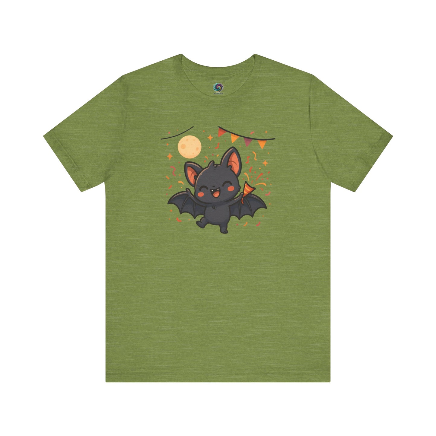 Chibi Bat T-Shirt – Cute Bat Chibi Halloween Shirt for All Ages in heather green, showcasing a cute black bat celebrating Halloween under the moon.