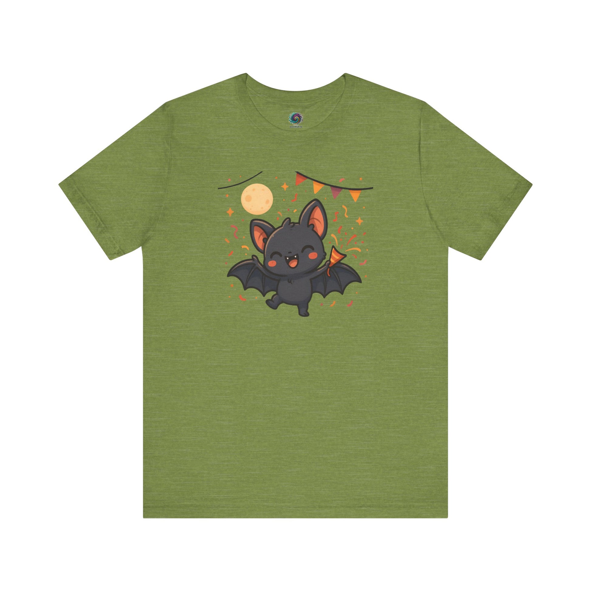 Chibi Bat T-Shirt – Cute Bat Chibi Halloween Shirt for All Ages in heather green, showcasing a cute black bat celebrating Halloween under the moon.