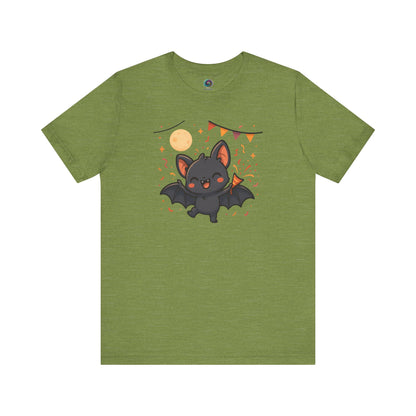 Chibi Bat T-Shirt – Cute Bat Chibi Halloween Shirt for All Ages in heather green, showcasing a cute black bat celebrating Halloween under the moon.