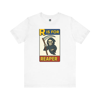 R Is For Reaper T-Shirt – Cute Grim Reaper Shirt from the Monster Alphabet Series in white, featuring the grinning reaper and scythe in comic art style