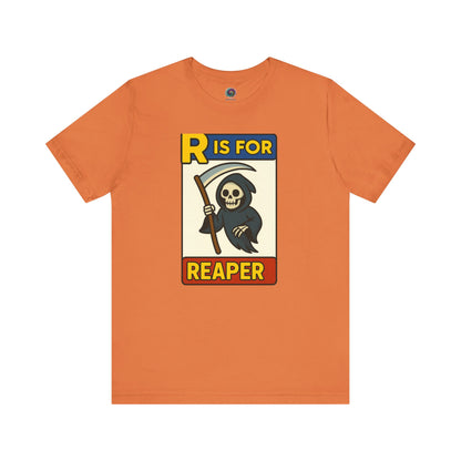 R Is For Reaper T-Shirt – Cute Grim Reaper Shirt from the Monster Alphabet Series in burnt orange, perfect for spooky season style