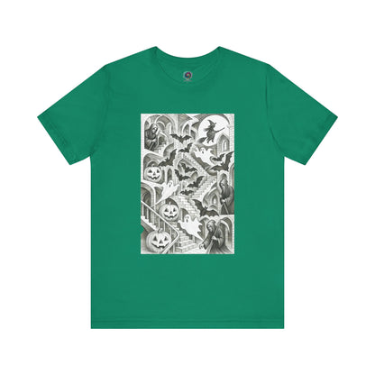 Kelly green t-shirt with Halloween staircase scene inspired by Escher